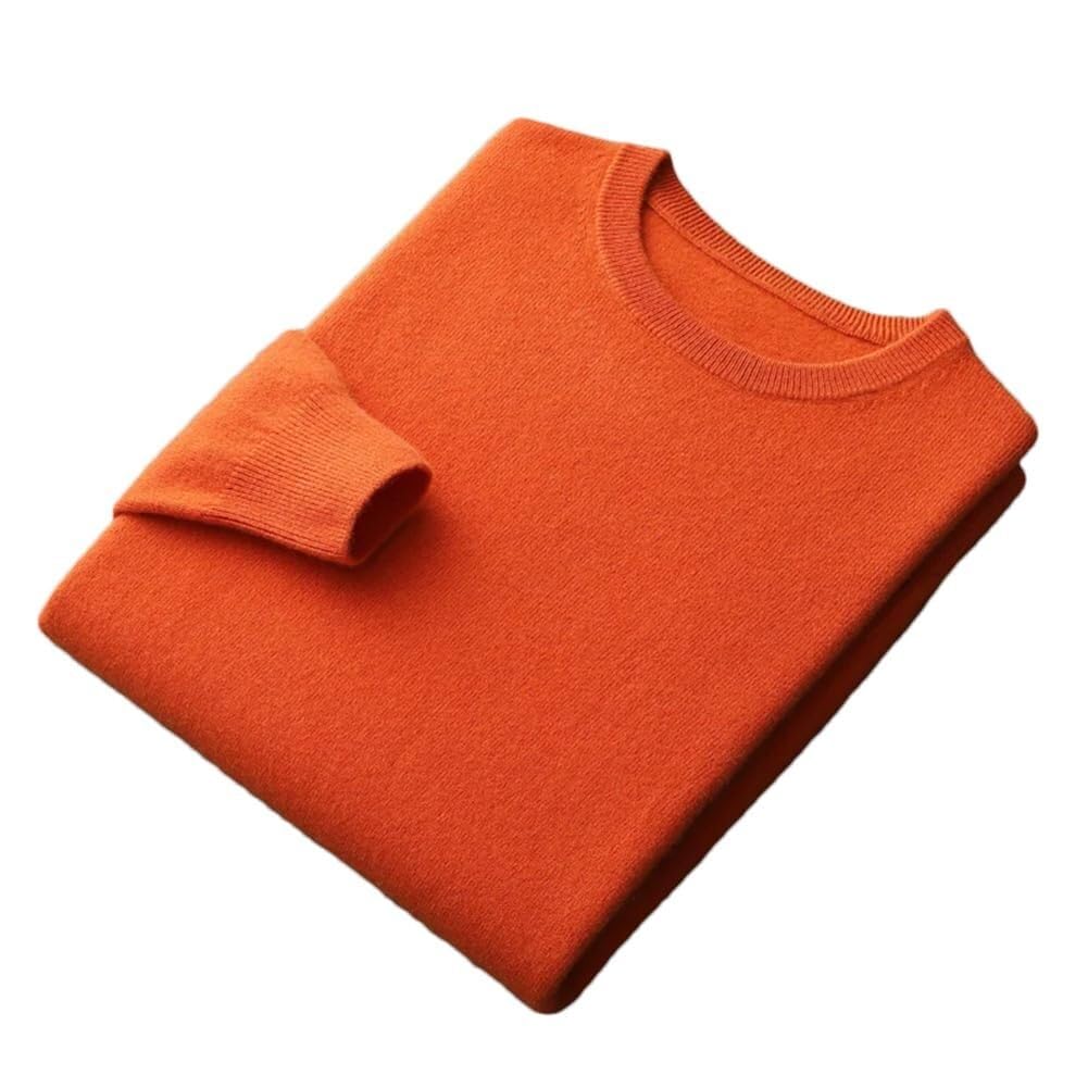 100% Merino Wool Sweater Mens Crew Neck Pullover Tops Solid Color Seamless Sweater Basic Jumper(Orange,Large)