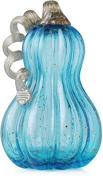 Glitzhome Hand Blown Glitter Glass Pumpkin Elegant Table Accent for Fall Harvest & Thanksgiving Decorating Blue 8.46 Inch
