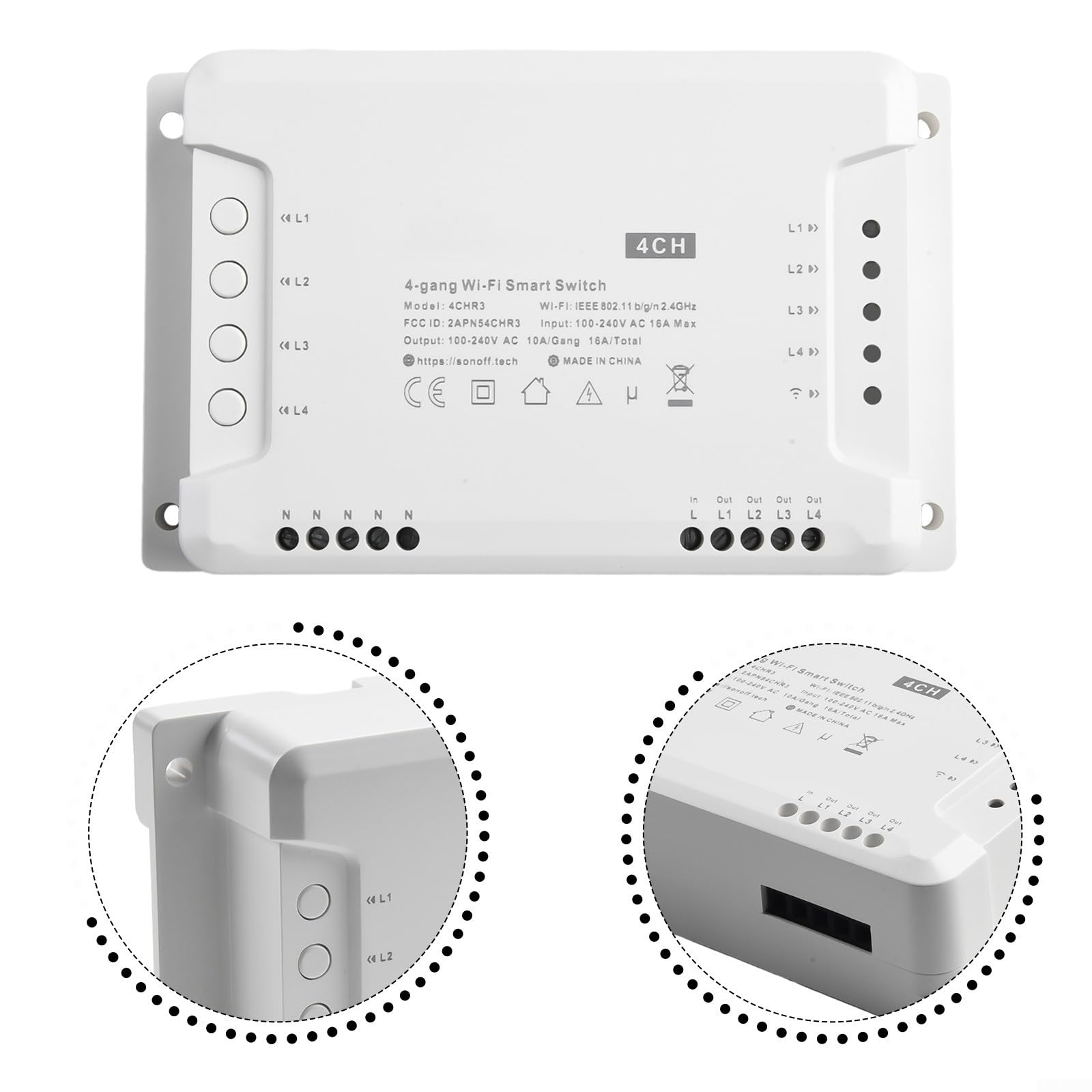 Interruttore intelligente Wi-Fi per Sonoff 4CH PRO R3/4CH R3, modulo di controllo a 4 vie con controllo vocale tramite app, 3 modalità di lavoro, autoblocco/Jog AC100-240 V (per Sonoff 4CH