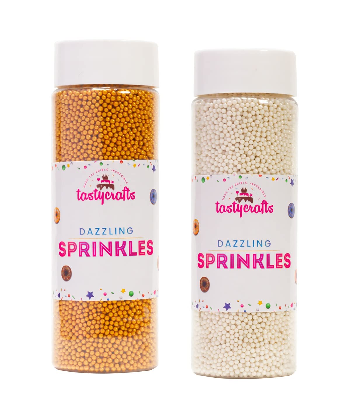 Tastycrafts Dazzling Ball, 1.5 mm I Edible Bakestable Colour Balls I Sprinkle for Cake, Cupcake, Brownies Decoration I Coloured Sugar Confectionery I Combo of Golden and White - Pack of 2 (B0B7XFJHH6) Amazon Price History, Amazon Price Tracker