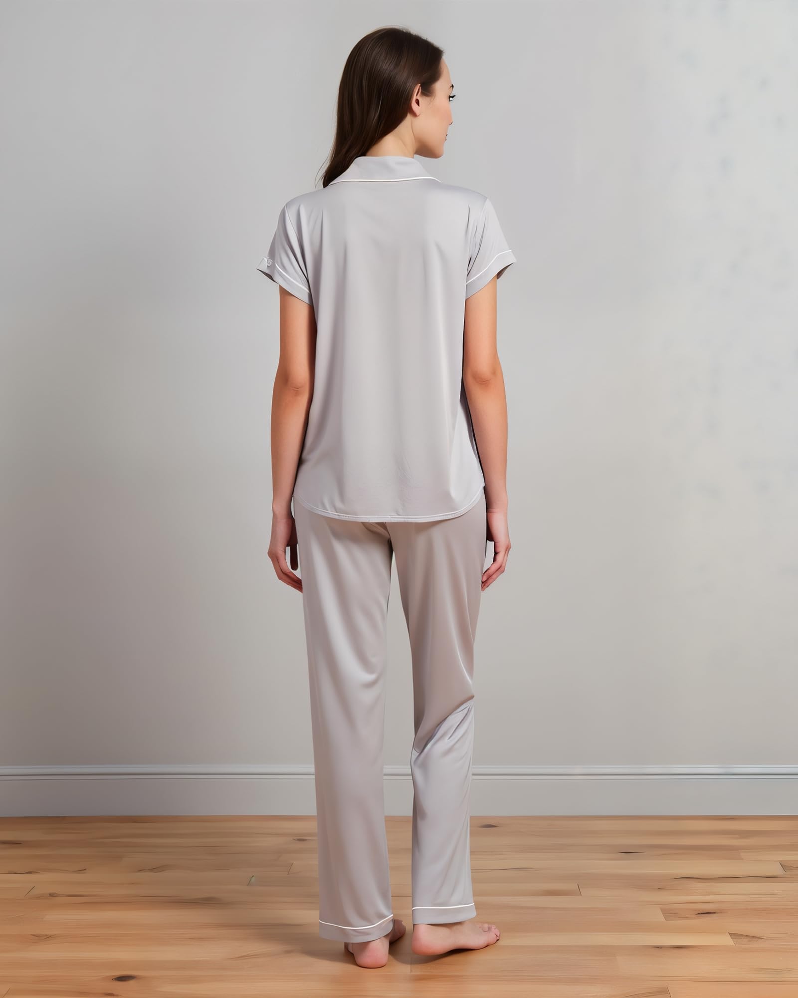 BORN Womens Button Down Pajama Set, Short Sleeve PJ Set with Pants | Soft & Breathable (Rock Grey, Medium)