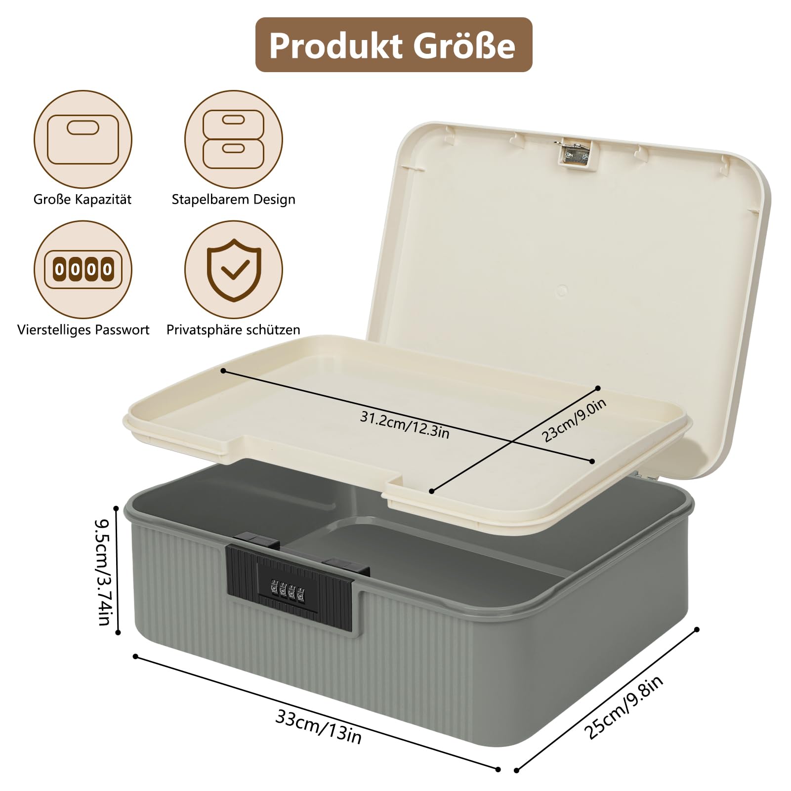 Serrure à combinaison à 2 couches en ABS, 34 x 29 x 12 cm, boîte de rangement verrouillable pour casier de bureau, téléphones portables, médicaments, collations, bonbons, coffre-fort personnel