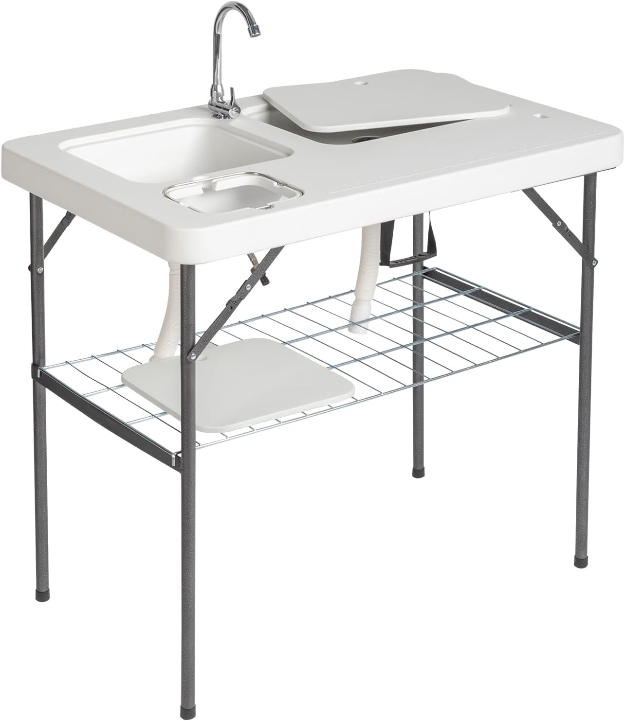 Portable Camping Folding Fish Cleaning Table with Sink & 360-Degree Rotatable Stainless Steel Faucet, Drainage Hose Included - Outdoor Fillet Table for Picnic, Beach & Patio