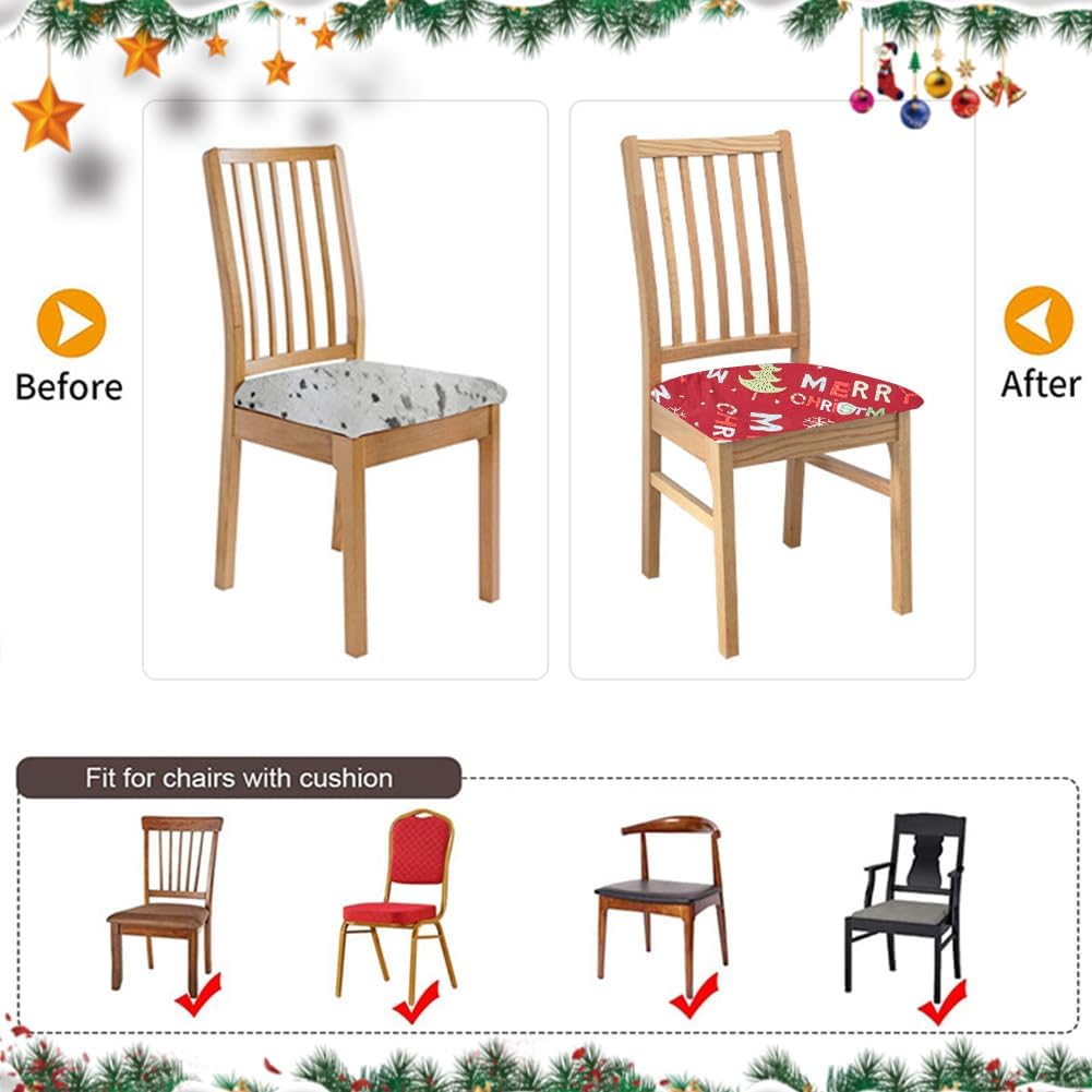 GORGECRAFT 4PCS Christmas Chair Seat Covers Snowflake Printed Stretch Dining Room Seat Cover Red Removable Washable Elastic Ties Upholstered Chair Protector Seat Cushion Slipcovers for Kitchen Office
