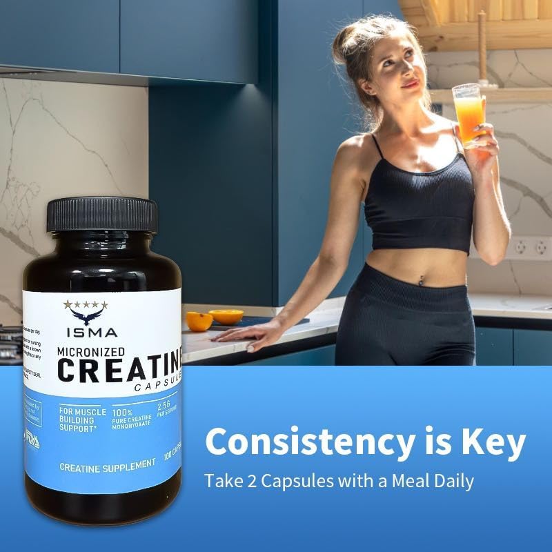Miniatura 6 de ISMA Cápsulas de monohidrato de creatina  Construye músculo, fuerza y rendimiento  Suplemento antes y después del entrenamiento  100 cápsulas
