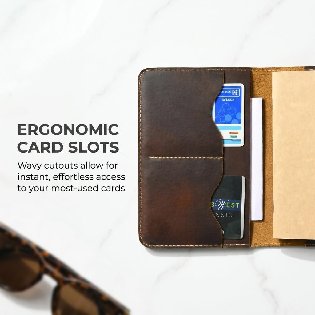 Rustique Leather Field Notes Cover Collection - Refillable Travel Journal & Notebook Organizer with Card Slots - Handmade Full Grain Leather (Wavy Pocket Set - Tobacco & Honey)