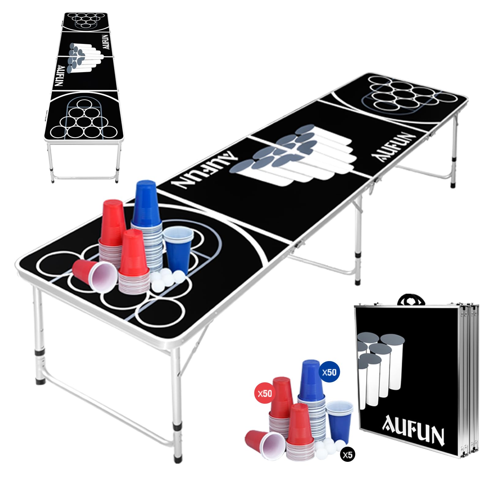 Beer Pong zestaw stołowy z 100 kubkami (50 czerwonych i 50 niebieskich) i 5 piłkami, składany i z regulacją wysokości, aluminiowy stół na imprezę i do aktywności na świeżym powietrzu