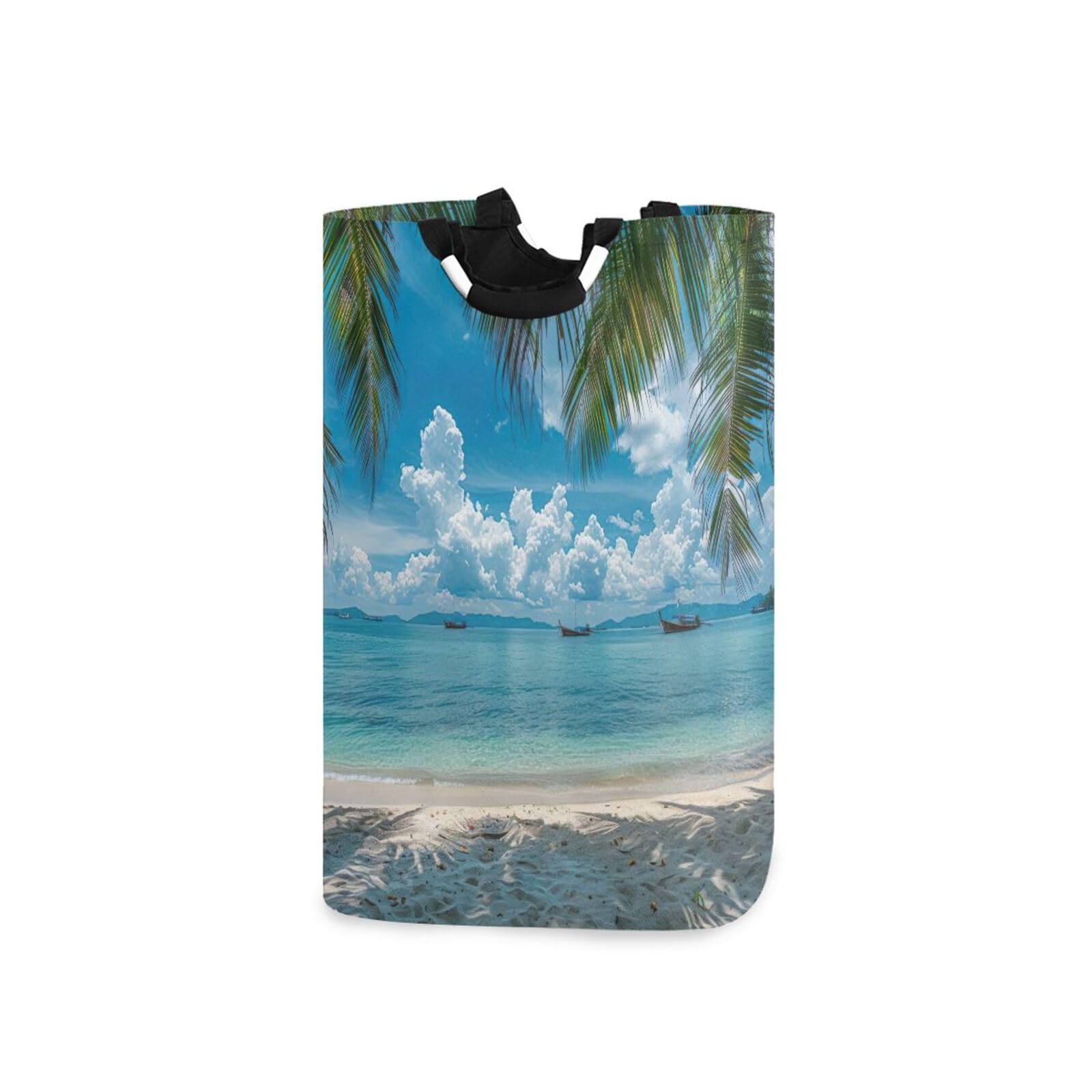 Jihqo Laundry Hamper Basket Clear Summer Beach Collapsible Nursery Storage Bin Waterproof Clothing Baskets for Home Bedroom Bathroom Washing Room