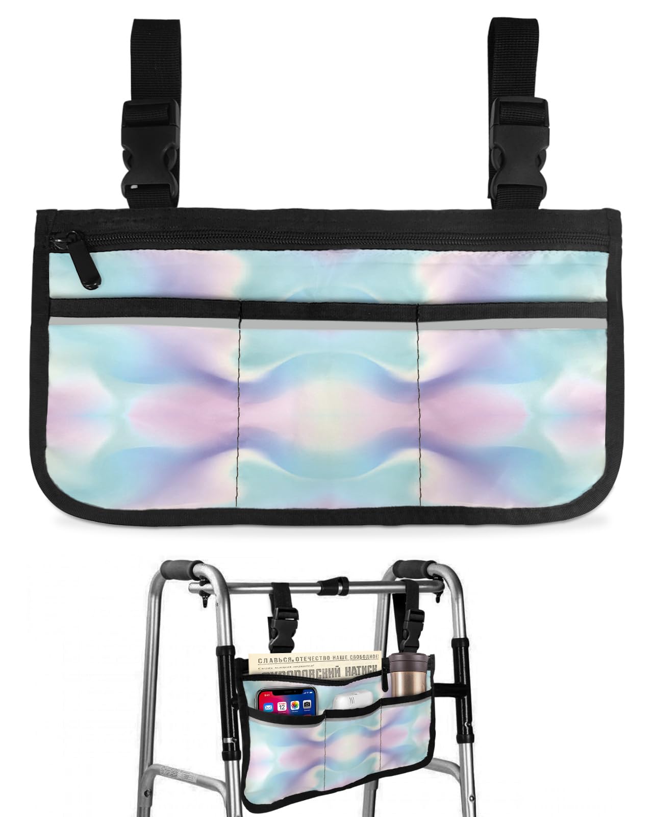 Colorful Ombre Wheelchair Side Bag Walker Bag, Abstract Art Gradient Wheelchair Accessories Armrest Pouch, Organizer Storage Bag for Walkers, Rollators, Scooters, 7.3''x13''