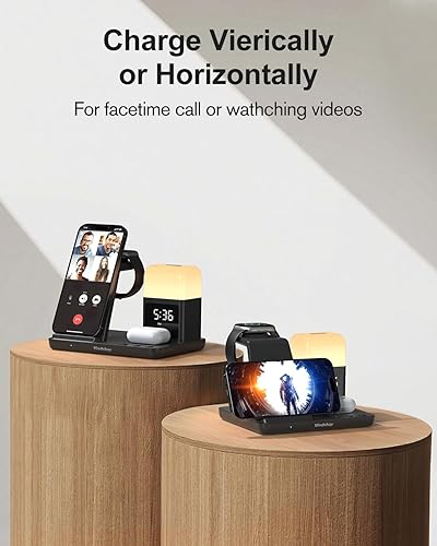 Miniatura 7 de Estación de carga inalámbrica Reloj despertador con 8 luces nocturnas táctiles: soporte de cargador 5 en 1 para dispositivos Apple - Base de carga