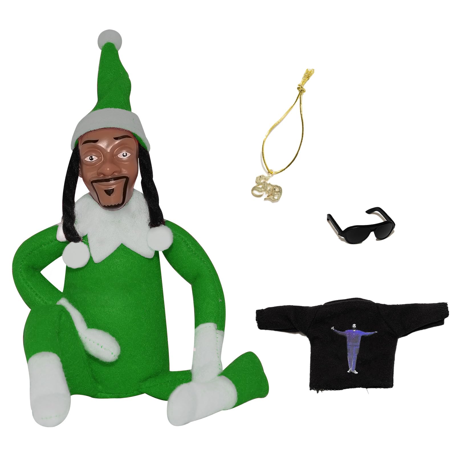 Green Elf Doll, 12'' Plush Hip Hop Toy for Shelf Decoration, Includes Extra T-Shirt, Stylish Sunglasses and Necklace, Fun Gift for Men & Women