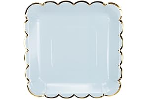9 Inch Light Blue Square Paper Plates with Gold Scalloped Border