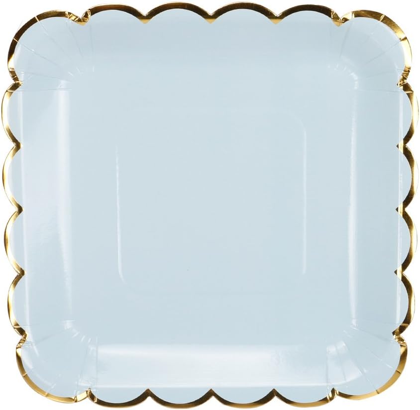 Geeklife Square Paper Plates with Sparkly Gold Foil Border,9 inch Paper Dessert Plates, Elegant Blue Decorative Party Plates Set, 20 count