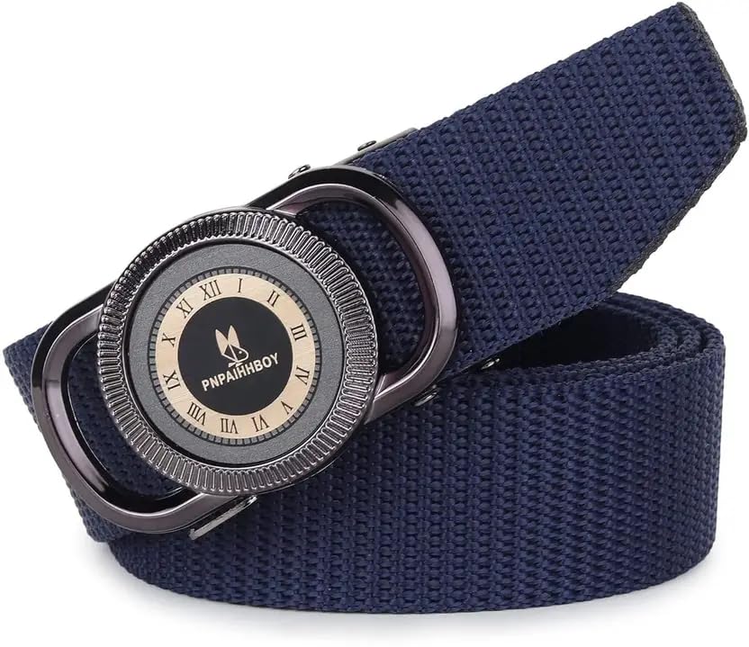 Image of TPM Men's Belt Set, 2-Pack Leather and Nylon Belts with Automatic Buckle, Black and Navy Blue, Roman Numeral Clock Design