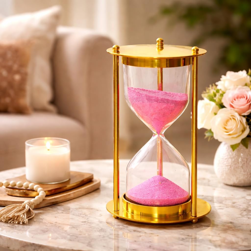 Antique Sand Clock for Home Office Desk Tabletop Collectible Gift Vintage Brass Hourglass Pink Sand Timer 8 Inch Nautical Maritime Decor