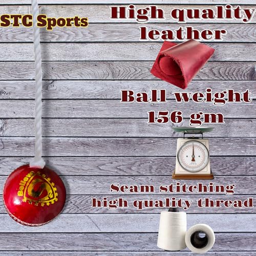 Image of Leather Cricket Shot Practice Hanging Ball, String Cricket Ball and Knocking Cricket Ball with Rope, RED, Pack of 1 (Red)
