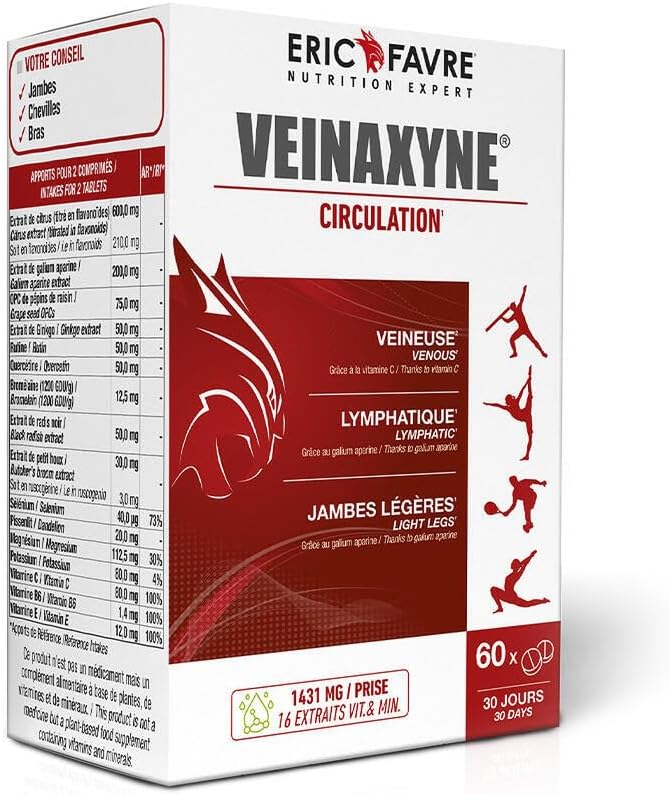 Veinaxyne Blood Circulation – Draining Action Heavy Legs, Swollen Ankles – Blood Circulation and Light Legs – Case of 60 Tablets Eric Favre