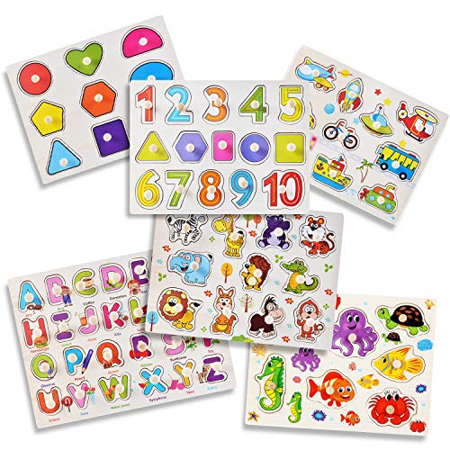 Playcrate 6 Pack Wooden Learning Puzzles for Kids - Educational Animals Numbers, Shapes and Letter Pegboard Puzzles - Fantastic Educational Aid for Children, Toddlers and Babies Playcrate 6 Pack Wooden Learning Puzzles for Kids - Educational Animals Numbers, Shapes and Letter Pegboard Puzzles - Fantastic Educational Aid for Children, Toddlers and Babies