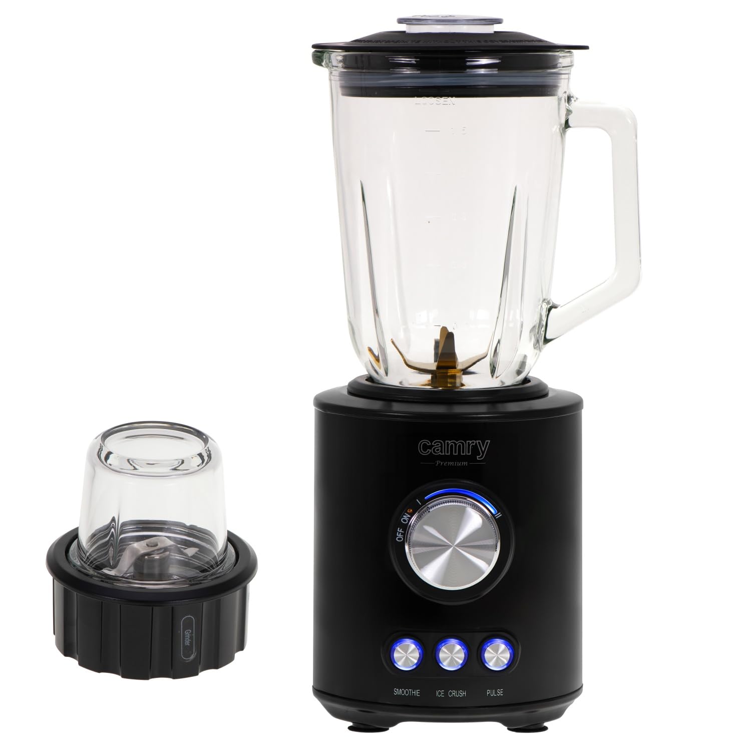 Camry Batidora de vaso con 3 programas CR 4088, 2 velocidades, vaso de Vidrio 1,5L, cuchilla de acero inoxidable con 6 hojas recubiertas de titanio, picadora, libre BPA y triturador de Hielo, Negro