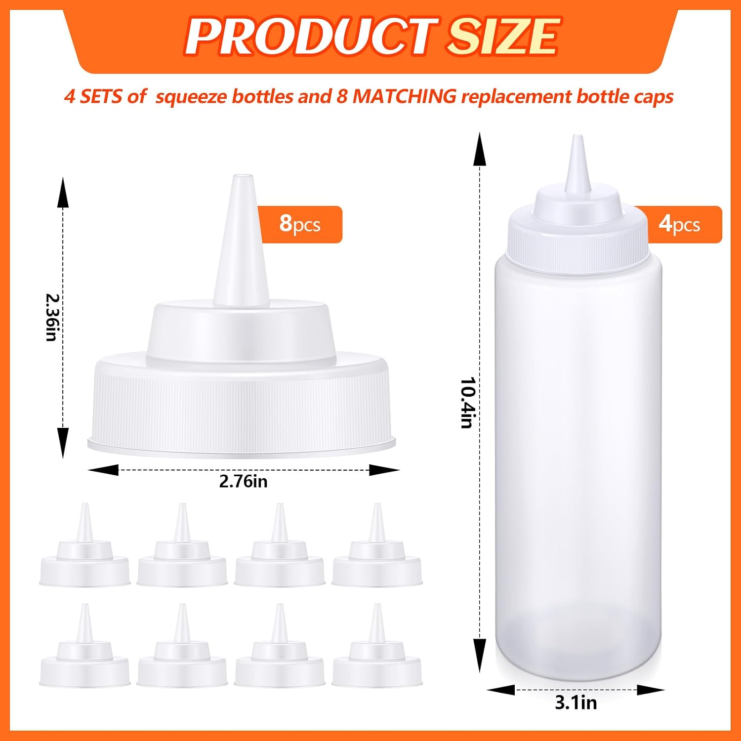 16 Pcs 32 oz Condiment Squeeze Bottle Set: 4 Bottles Body with 12 Replacement Caps, Large Clear Plastic Wide-mouth Bottles for Sauces Ketchup Condiments Kitchen Restaurant Catering