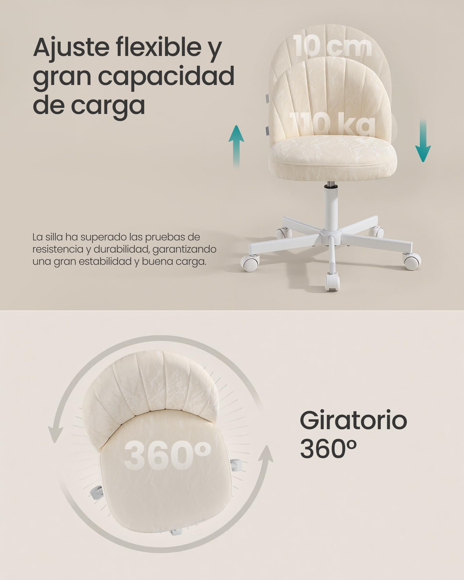 SONGMICS Silla de Escritorio Giratoria sin Reposabrazos, de Cuero PU, Ergonómica con Altura Ajustable, 60 x 60 x 70,5-83,5 cm, Blanco, para Espacios Pequeños, OBG027W101