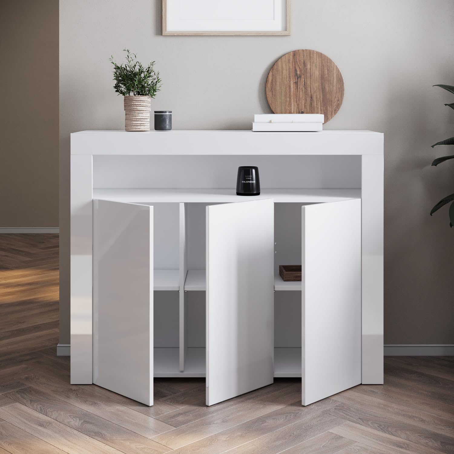 SONNI Kommode mit 3 Hochglanz Türen, LED(16 Farben), 116x35x93cm, Weiß | Sideboard mit Schrank, Komodenschrank, Wohnzimmermöbel, Wohnzimmerschrank, Standschrank für Küche, Esszimmer, Wohnzimmer