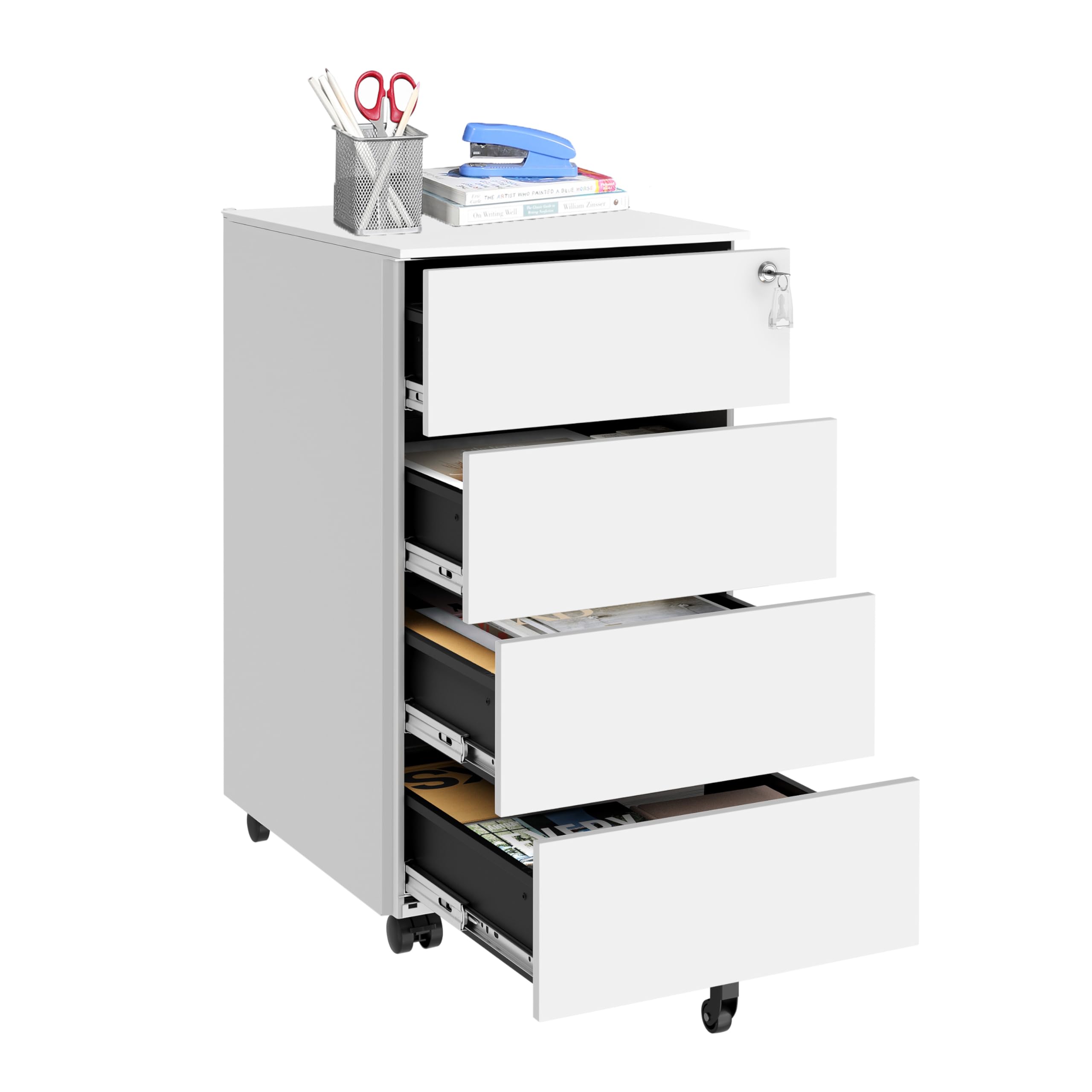 SONGMICS Mobile File Cabinet, Lockable, with 4 Drawers, Hold Documents, Stationery, Pre-Assembled, for Office, Home Office, 39 x 45 x 69.3 cm, Cloud White OFC064W14