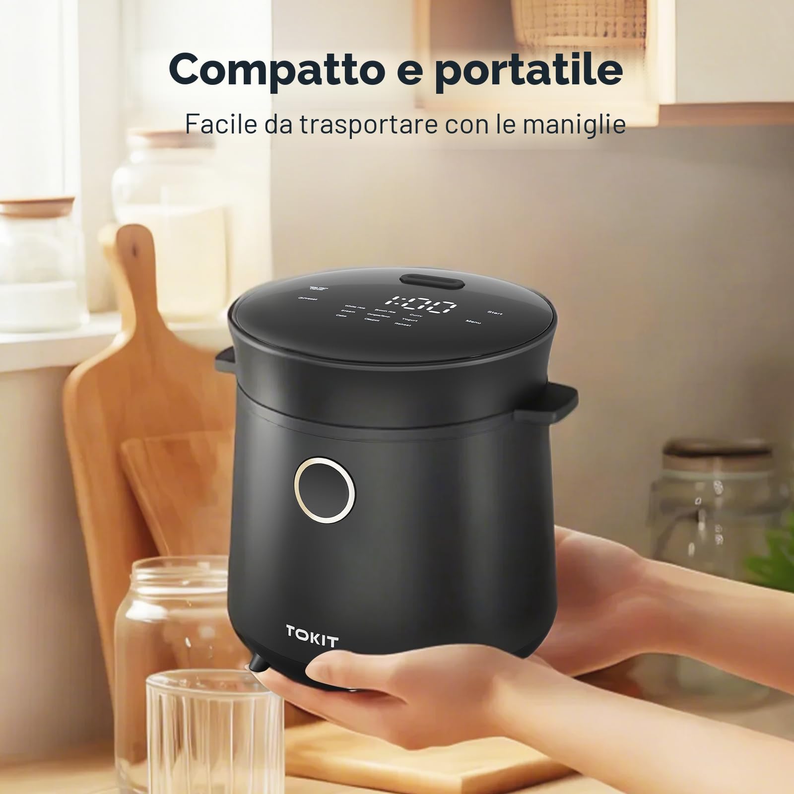 TOKIT Mini Cuociriso Da 1,5 L Per 1-2 Persone – 9 Funzioni, Timer 24 Ore, Interno In Ceramica Antiaderente, Ideale Per Casa, Dormitori Ed Esterni
