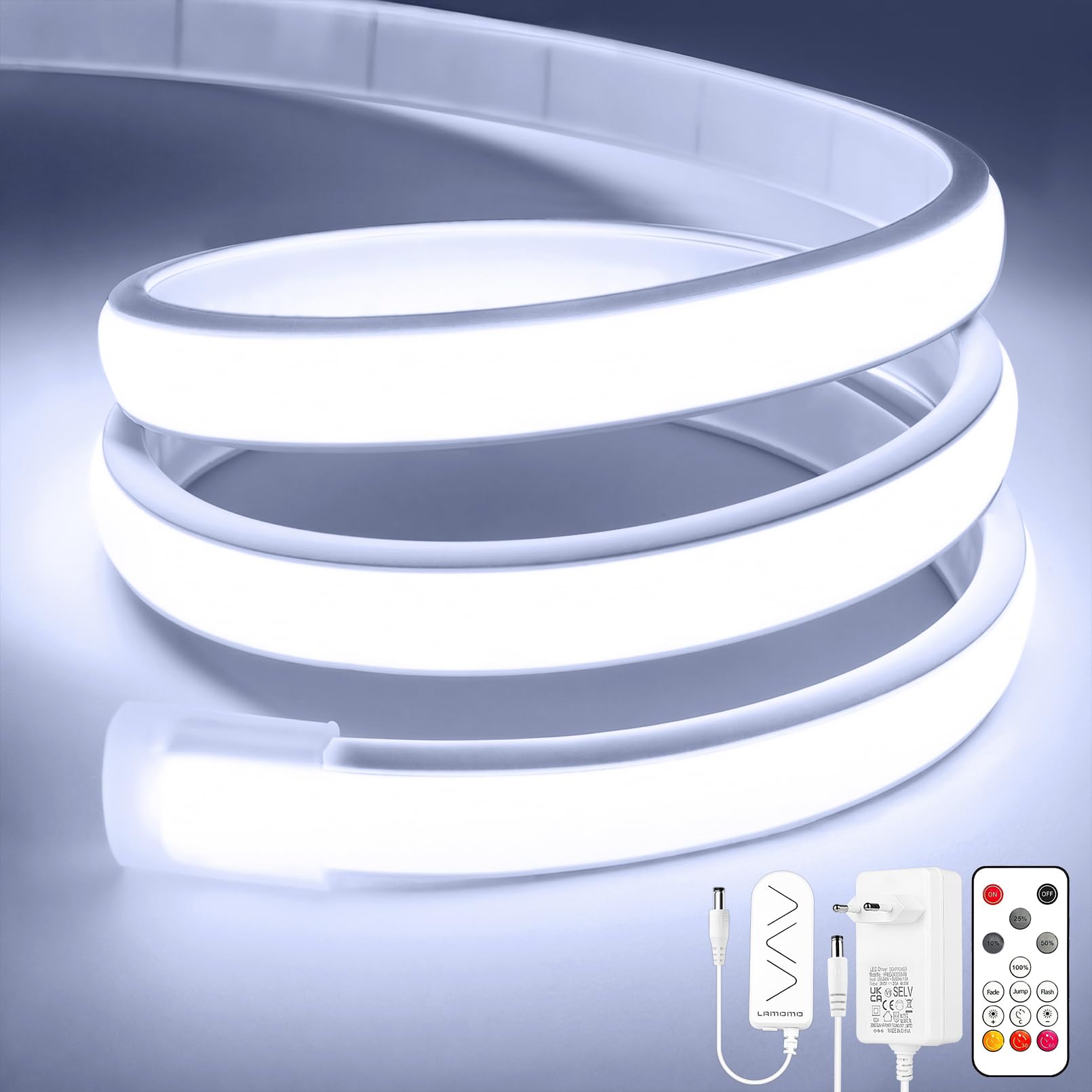 Lamomo Striscia LED COB bianca, dimmerabile, 3 m, con telecomando, 6000 K, autoadesiva, impermeabile, larghezza 10 mm, striscia luminosa flessibile in silicone per interni e armadi, CRI90+