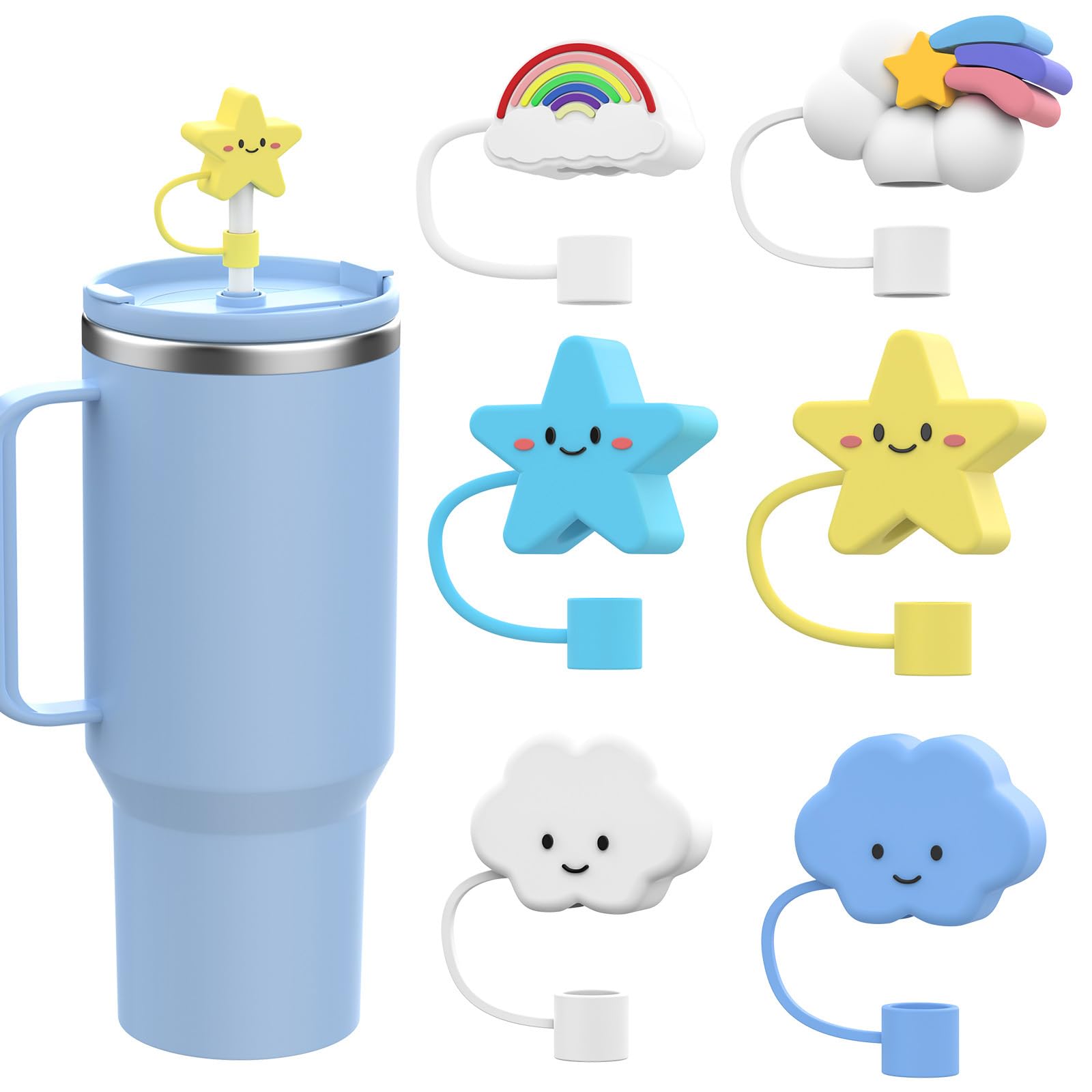 6PCS Silicone Straw Topper For Stanley 20&30&40 Oz Tumbler with Handle 10mm Cute Straw Cover Cap for Stanley Cup, Reusable Straw Topper Tip Lids for Stanley Cup Accessories