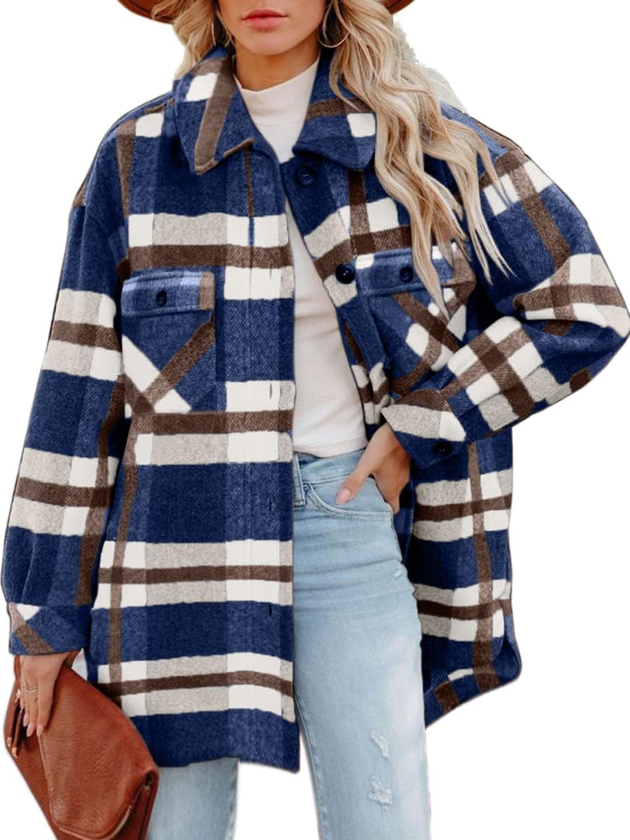 CHYRII Women's Casual Flannel Plaid Shacket Button Down Long Sleeve Shirt Jacket Coats
