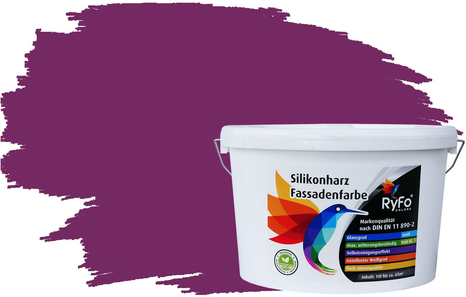 RyFo Colors Silikonharz Fassadenfarbe Lotuseffekt Trend Aubergine 10l - bunte Fassadenfarbe, weitere Violett Farbtöne und Größen erhältlich, Deckkraft Klasse 1