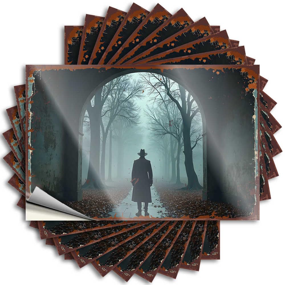 Fzfn Men's Colour Room Decor Tattoo Door | A Solitary Figure In A Mysterious, Foggy Forest High Billiard Sticker Pack(8X12cm)