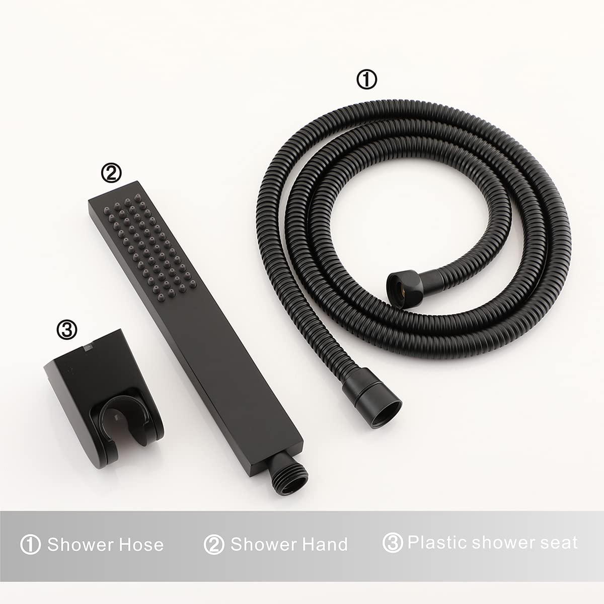 Asyas Cabezal de rociador cuadrado de latón macizo de mano con conector de pared ajustable, soporte de ducha y manguera negro mate de alta presión