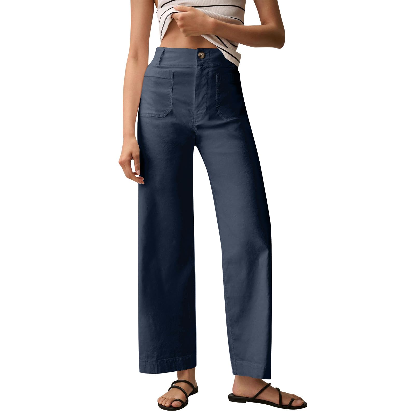 Work Pants for Women Stretch Twill Cropped Wide Leg Chino Pants Business Casual High Waisted Work Trousers w
