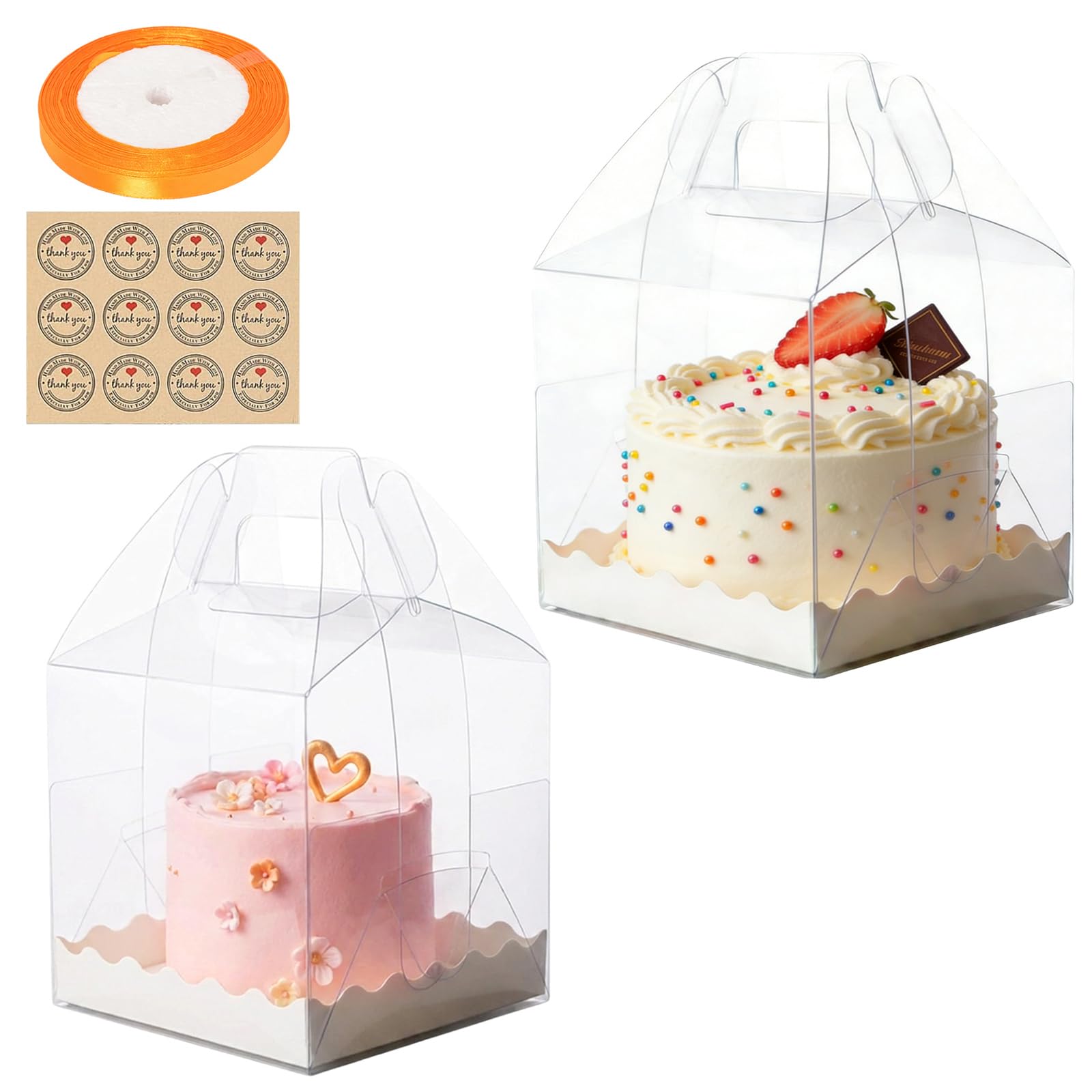 RAINPOP 15Pcs Transparent Cake Boxes, Square Plastic Baking Box Clear Cake Gift Box with Handle, 4in-5in Individual Cake Boxes Containers Display Box for Dessert Candy Cakes - 8 * 4in+7 * 5in