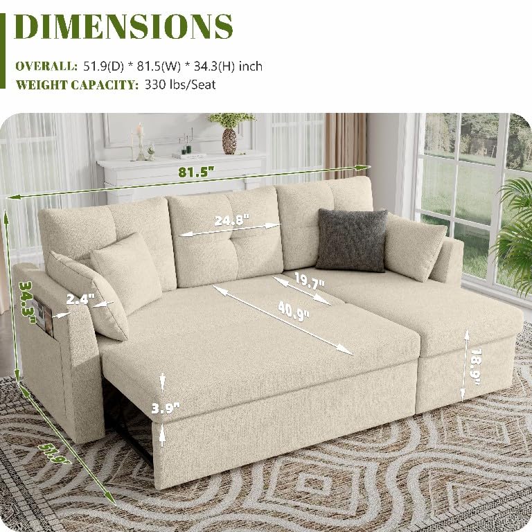 Image of Huatean Home Sleeper Sofa Couch, 2 in 1 Pullout Couch Bed with Storage Chaise, Sectional Sleeper Sofa Bed with Side Pocket for Living Room, Beige