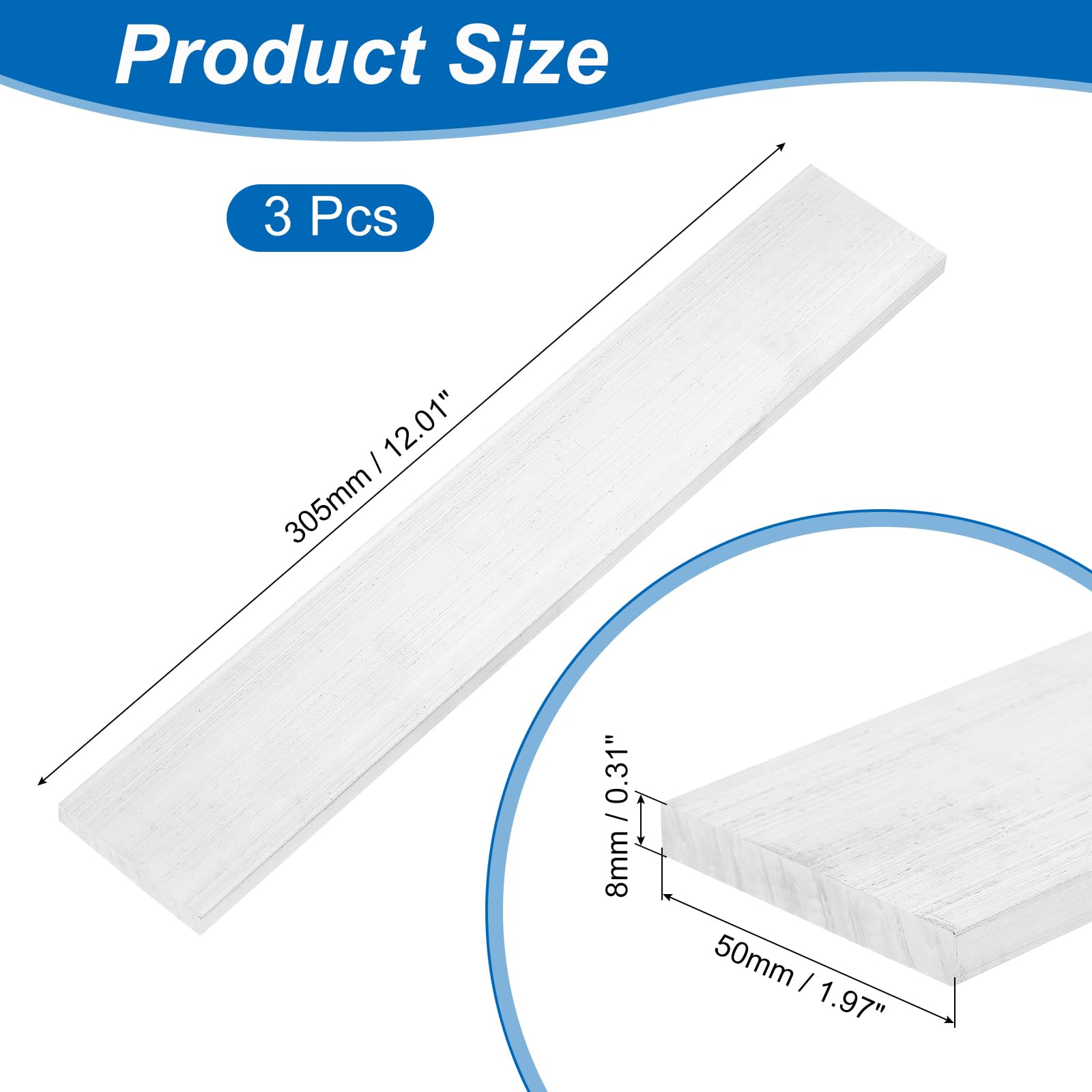 QUARKZMAN Barre d'aluminium carrée, 3Pcs 5/16" d'épaisseur 2" de largeur 12" de longueur Barre d'aluminium carrée 6061 Plaque d'aluminium plate, 8 x 50 x 305mm Stock de fraisage solide