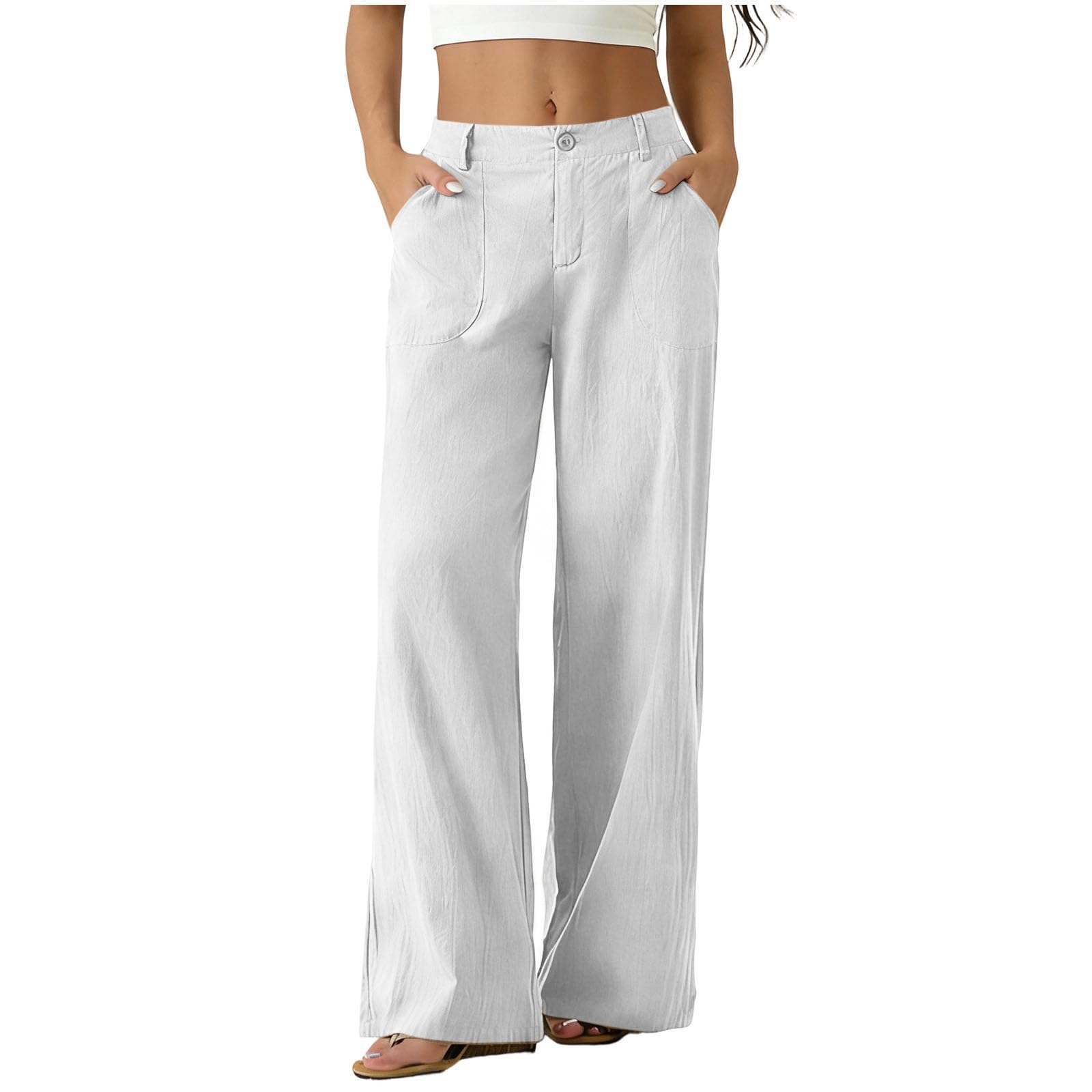 Pantaloni Donna Estivi in Cotone e Lino Eleganti Elastico Vita Alta Pantaloni Lino Donna Larghi Curvy Leggeri e Comodi a Gamba Larga Casual Yoga Pantalone Gamba Dritta con Tasche per Business Ufficio