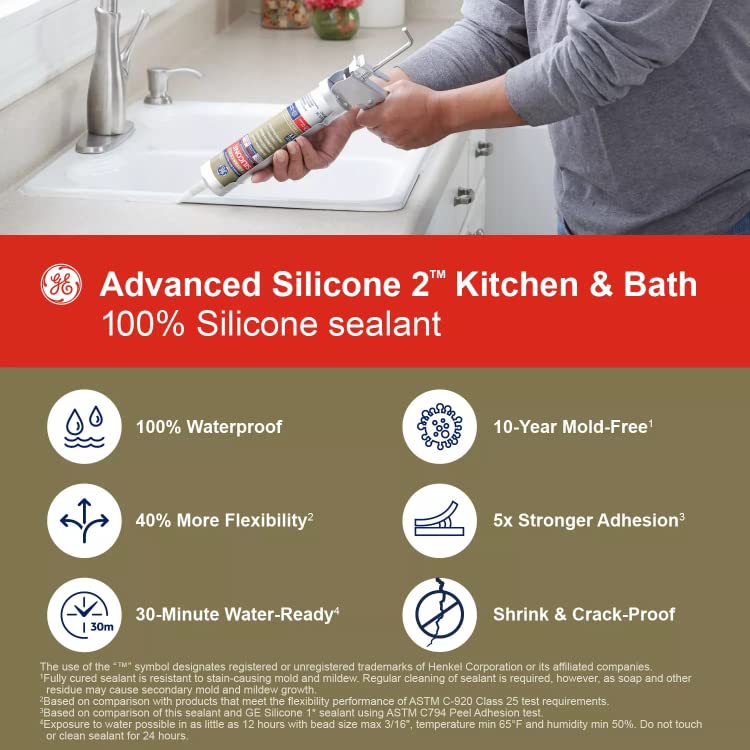 Miniatura 3 de GE Calafateo de silicona avanzado para cocina y baño, sellador de silicona 100% impermeable, adherencia 5 veces más fuerte, a prueba de encogimiento