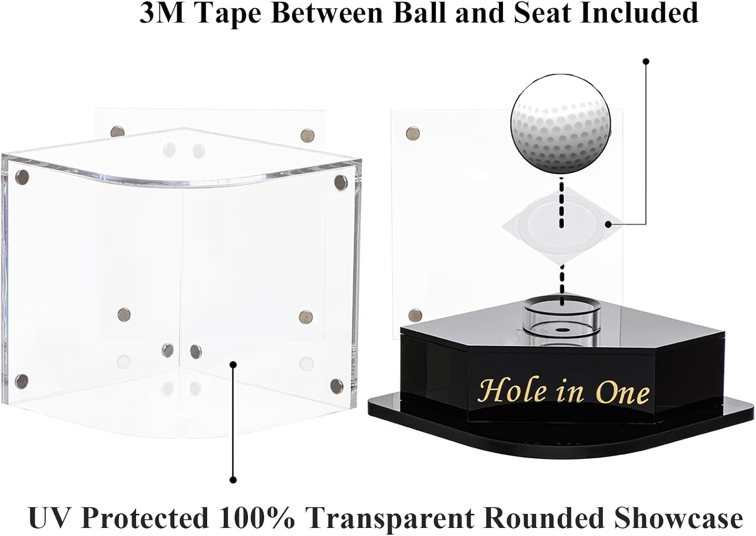 Golf Ball Display Case for Hole-in-One Golfer. Black Ball Throne with Golden Stamp. 2X Background Frames on Each Side of Cambered Cover. Pencil Holder, Glue Dots are All Included, No Assembly