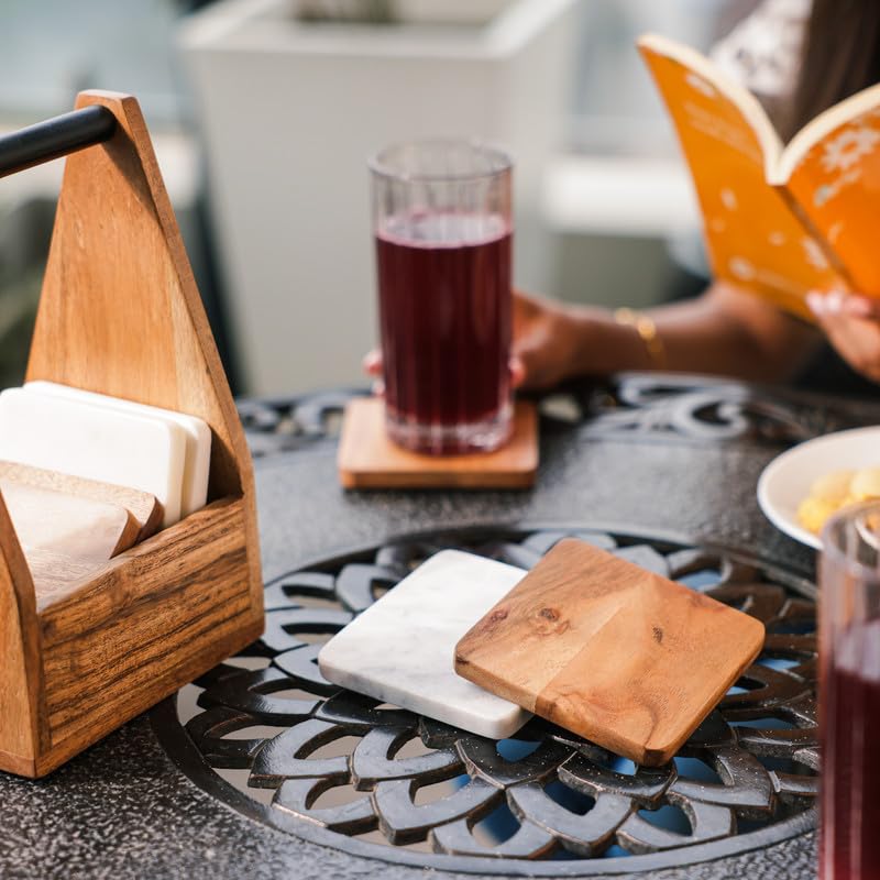 Image of Ireka Home CarryEase Coaster Set with Holder (Set of 8) - 4 Wooden & 4 White Marble Coasters for Tea, Coffee Mugs & Glasses - Home & Kitchen Decor