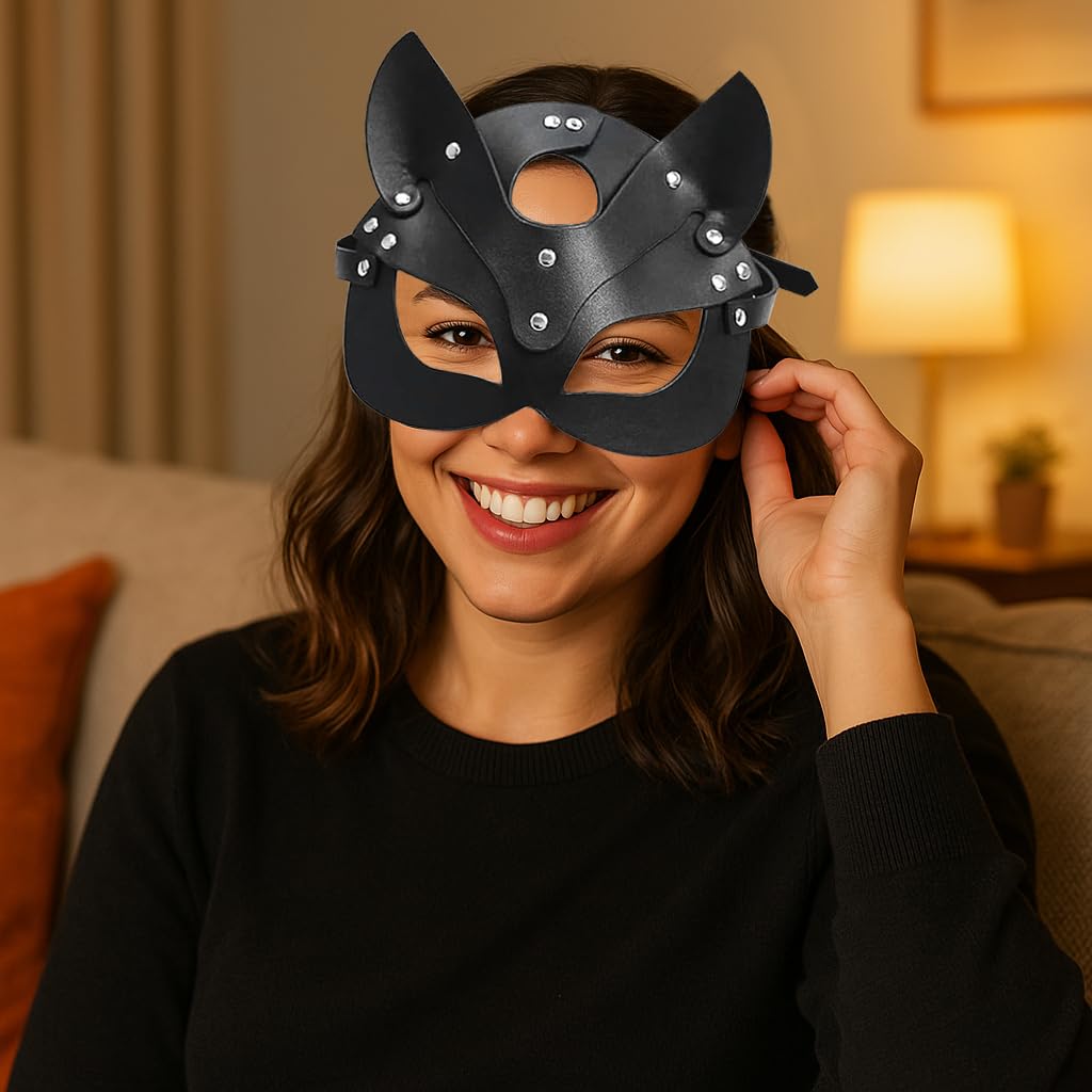 NAOPSY Leather Cat Mask Cat Eye Mask Masquerade Mask Cat Face Mask Giant Cat Mask Cat Masks for Adults Kids Black Cat Cosplay Cat Woman Accessories Halloween Costumes for Women Cat