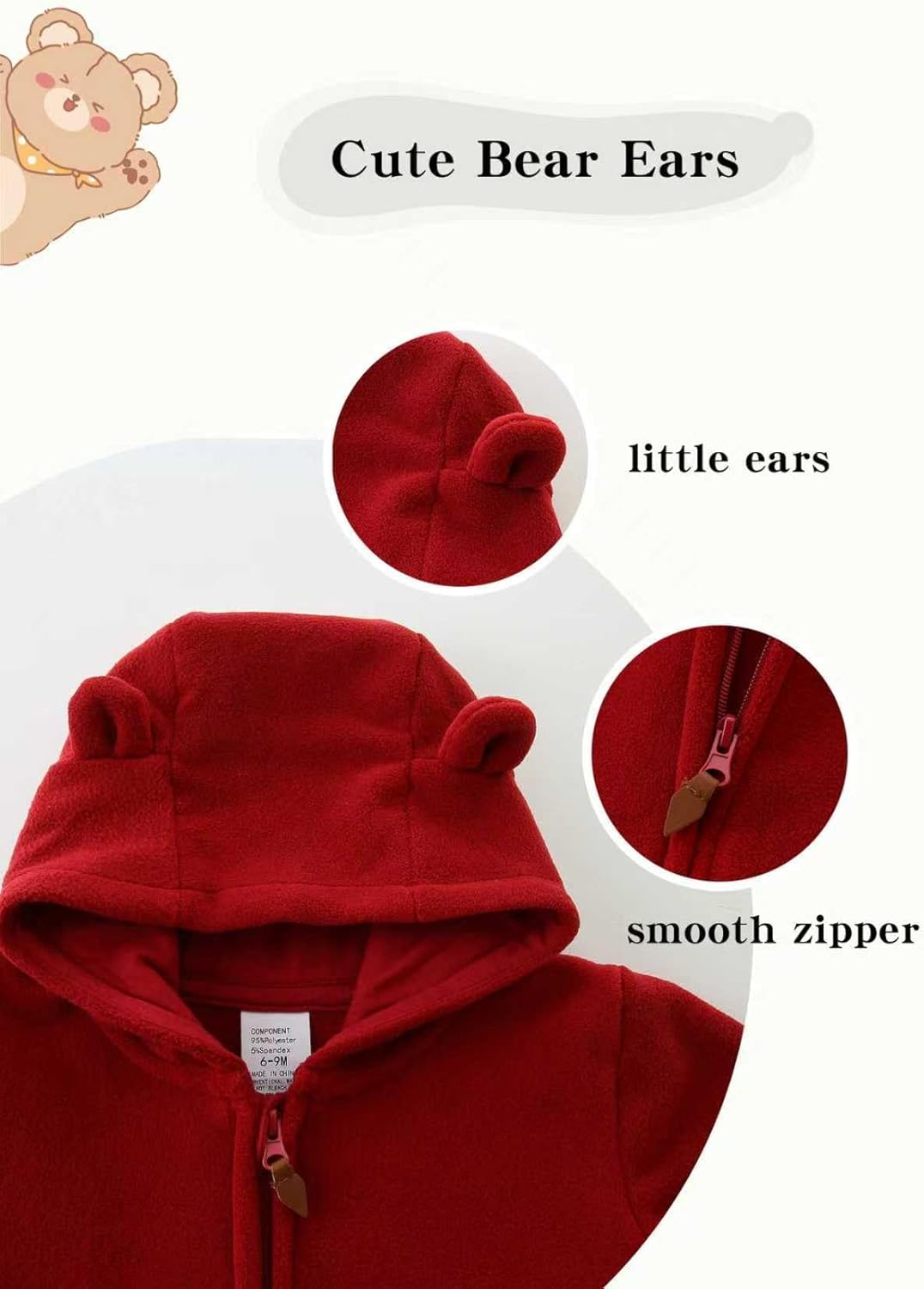 Newborn Baby Bear Onesie Winter Snowsuit With Fold-over Mittens & Footies Zip Up Baby Fleece Jumpsuit 0-18M - Image 3