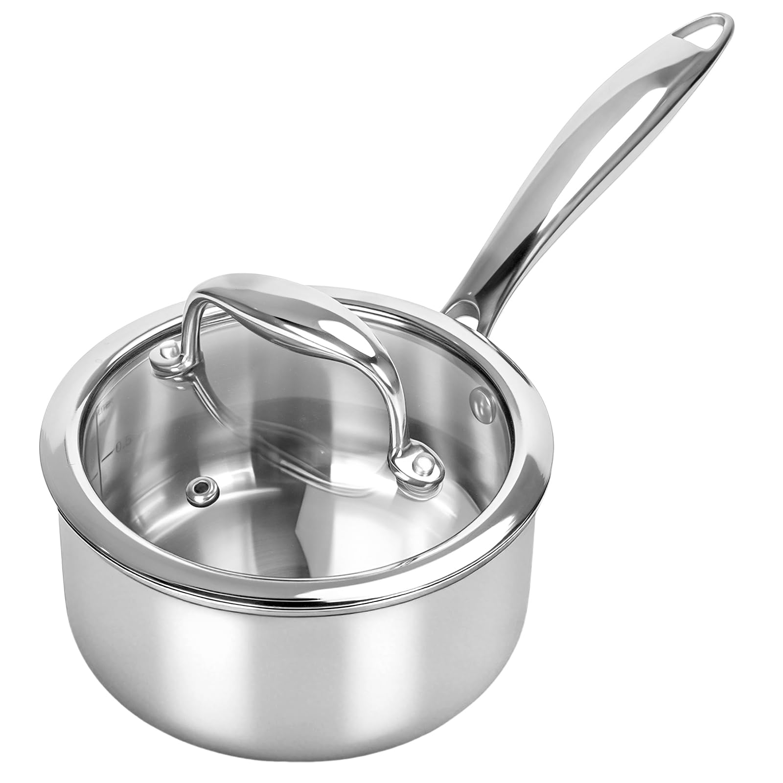 Macevia Sauce Pan with Glass Lid, 18/10 Stainless Steel Pot with Stay-Cool Handle, For All Stoves Multipurpose Use for Home Kitchen or Restaurant（1 Quart）- Silver