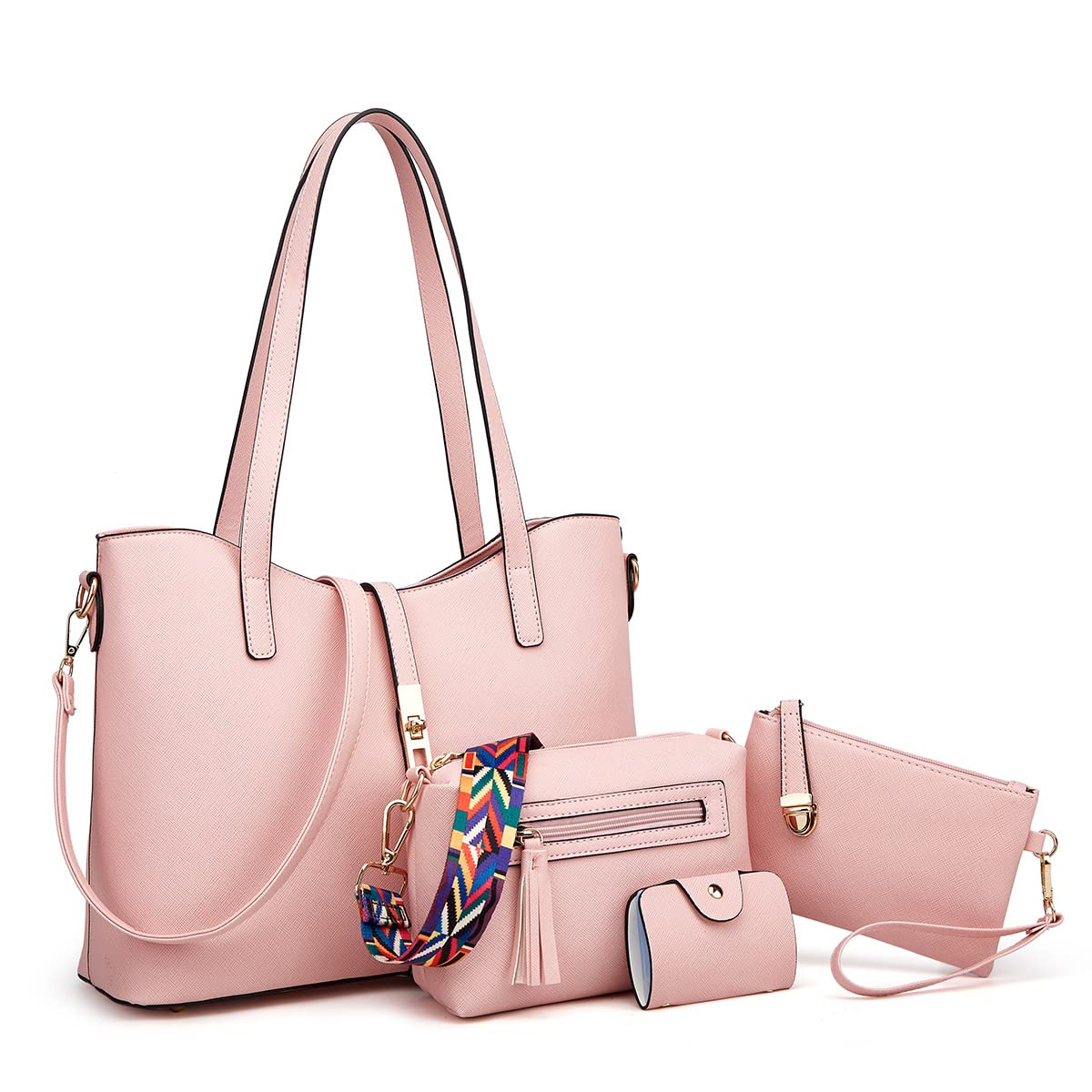 Women Fashion Handbags Wallet Tote Bag Shoulder Bag Top Handle Satchel Purse Set 4pcs: Pink-l