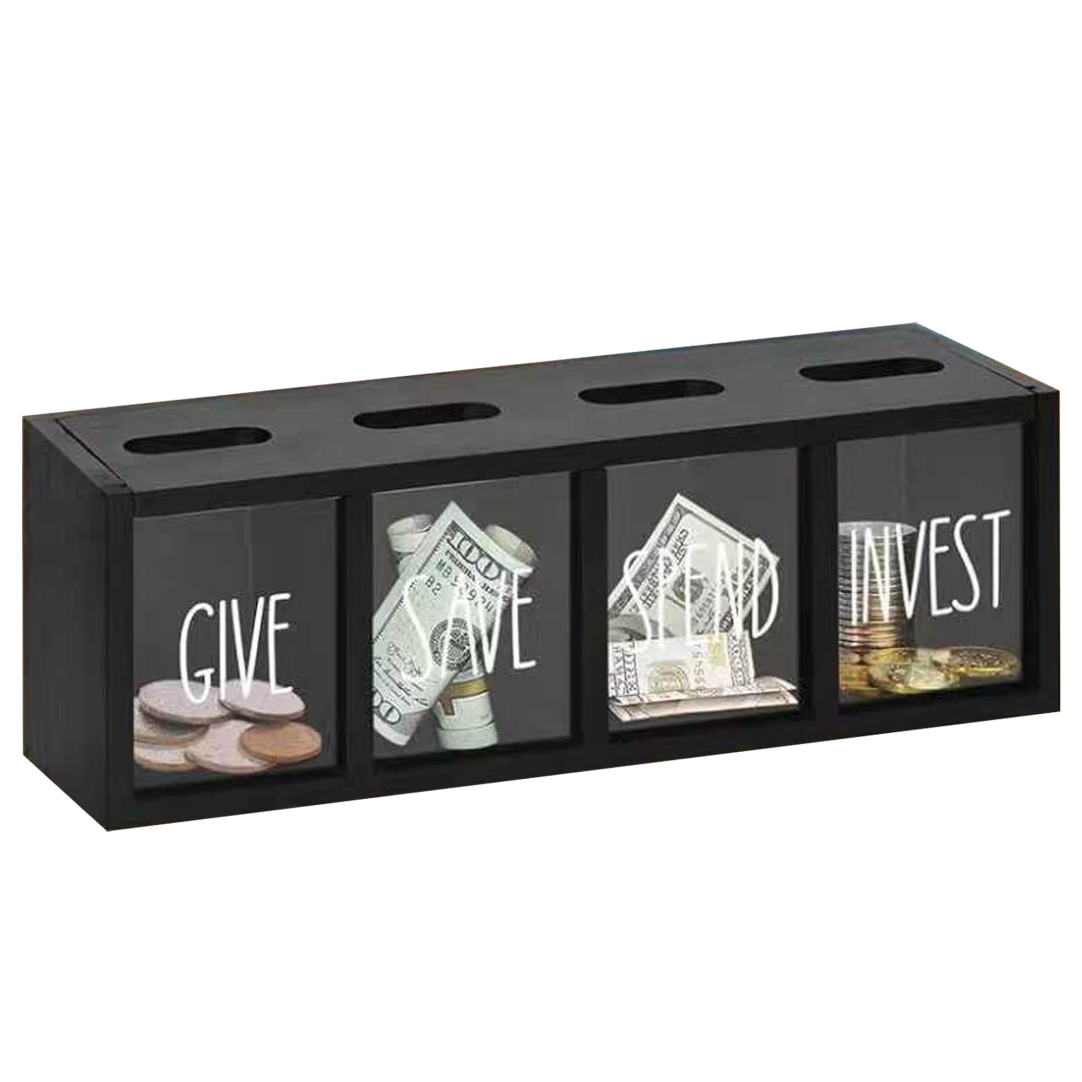 Bemonew Save Spend Give Bank For Kids, Wooden Piggy Bank With 4 Compartments, Transparent Wall-mount Savings Box with Magnetic Lid, Black