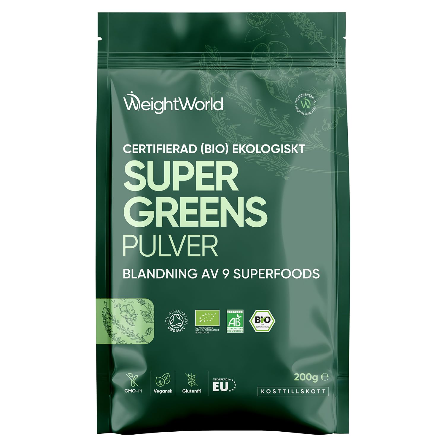 Bio Super Greens Powder, Natural Source of Nutrition, (for 1+ months), 9 Vegan Superfoods, Maca, Baobab, Matcha, Acai, Wheatgrass Powder, Linseed, Chlorella, Barley Grass, Superfood Mix 200 g - WeightWorld