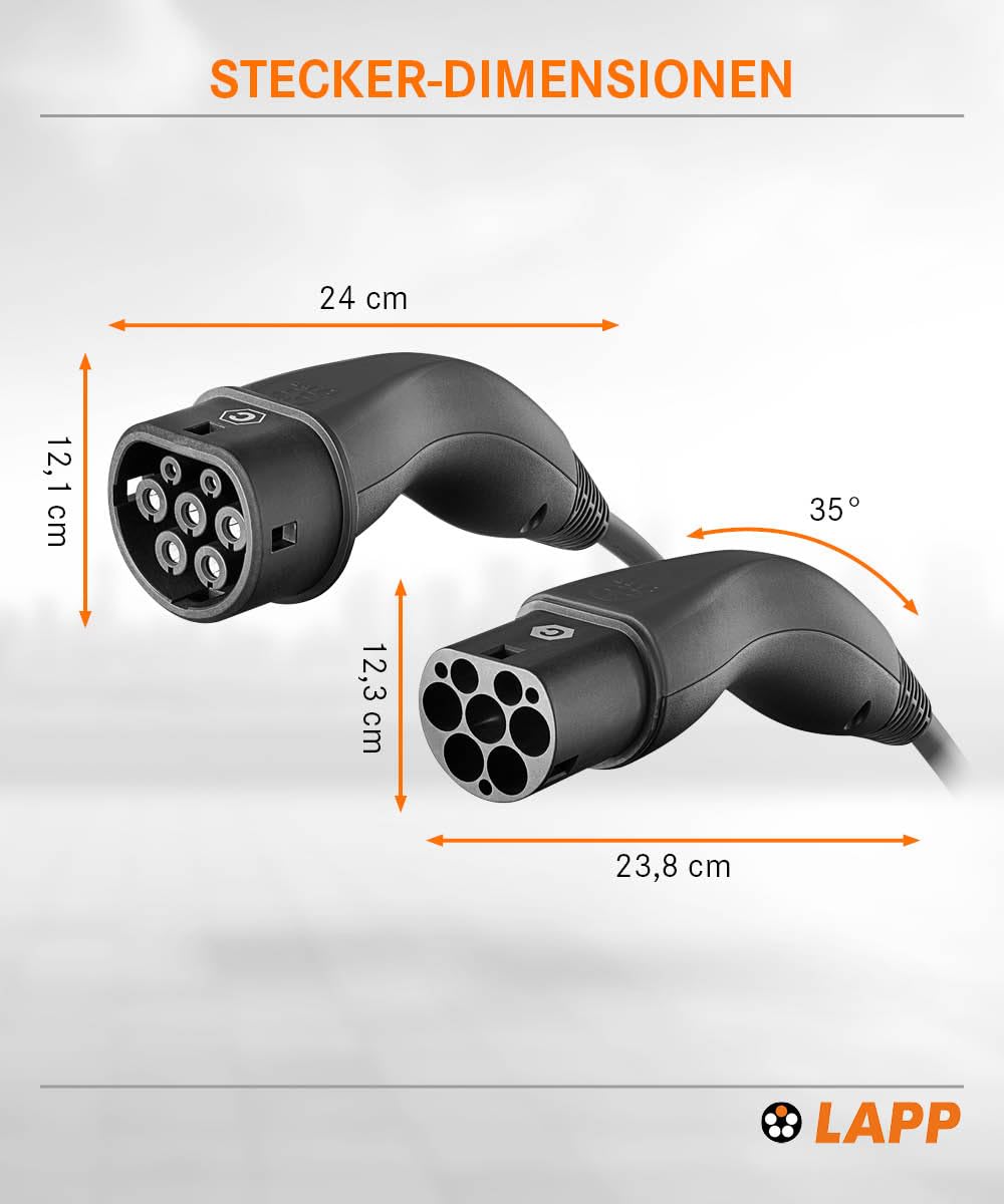 Lapp Mobility Typ 2 Ladekabel 22 KW 7m - 32a Ladekabel E Auto 3-Phasig - IP55 geschütztes Ladekabel Mode 3 - Ladekabel Typ 2 mit korrosionsresistenten Steckkontakten - geeignet für PHEV, BEV & EV