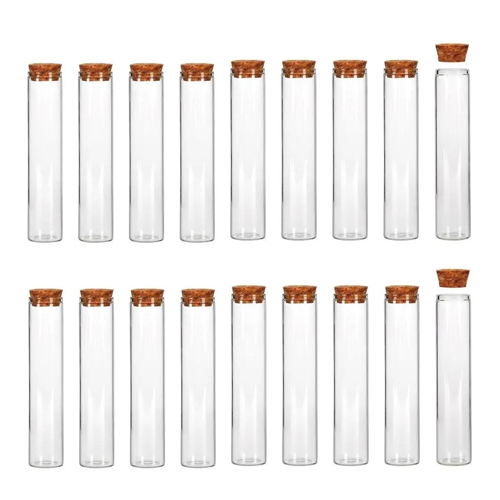 Probetas Plastico Tubo de ensayo de vidrio de 18 piezas, tubos de ensayo planos transparentes de 25 × 120 mm con tapones de corcho for experimentos científicos, almacenamiento de sal de baño y dulces